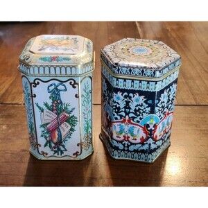 C.H.C. Tin Music Themed Made In Taiwan 4” + Hexagon Hong Kong Tin Lot Of 2 Vtg